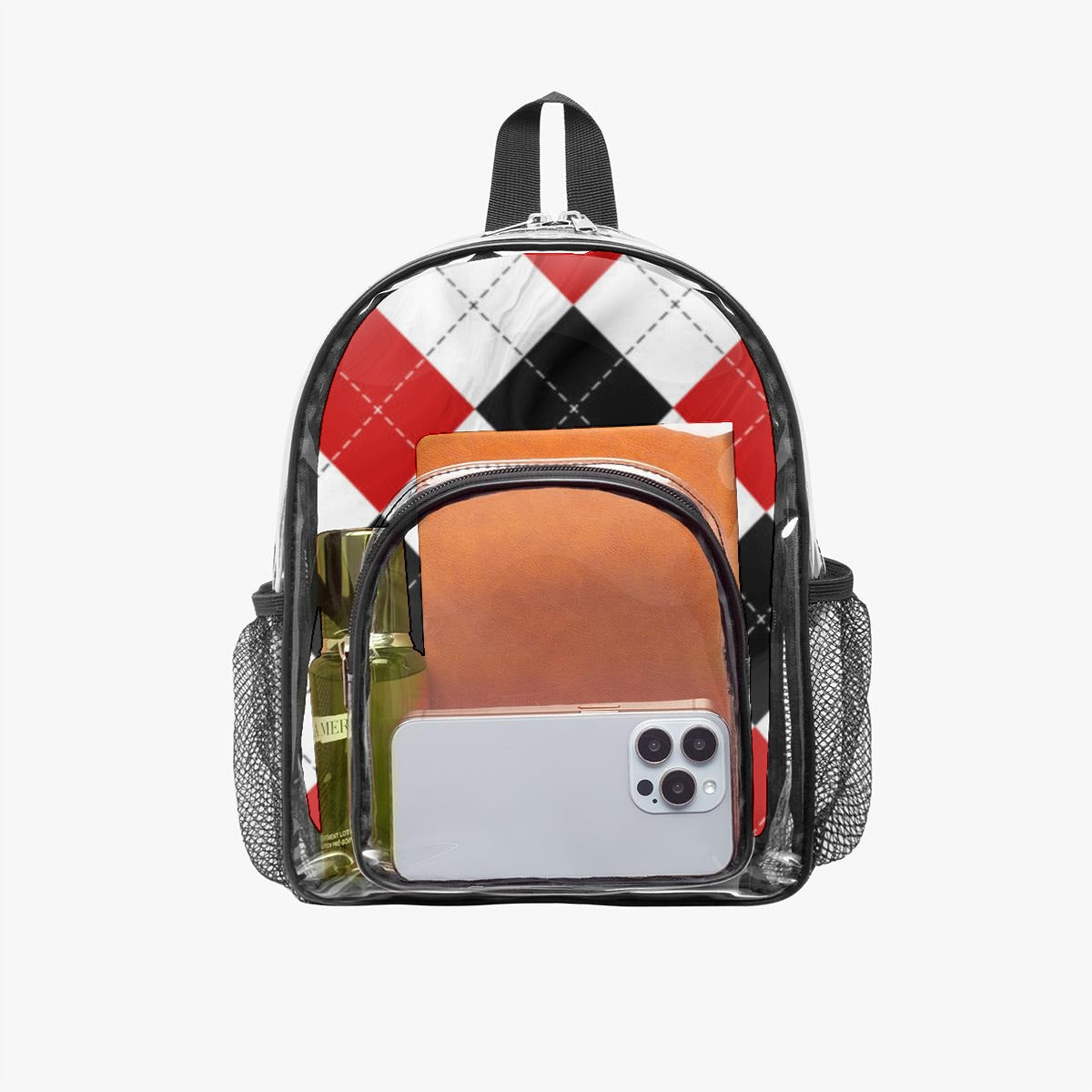Red & Black Argyle Clear Backpack